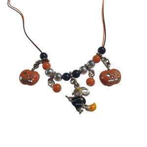 Halloween Charms Necklace Black Orange Pumpkin Witch Design Adjustable Chain